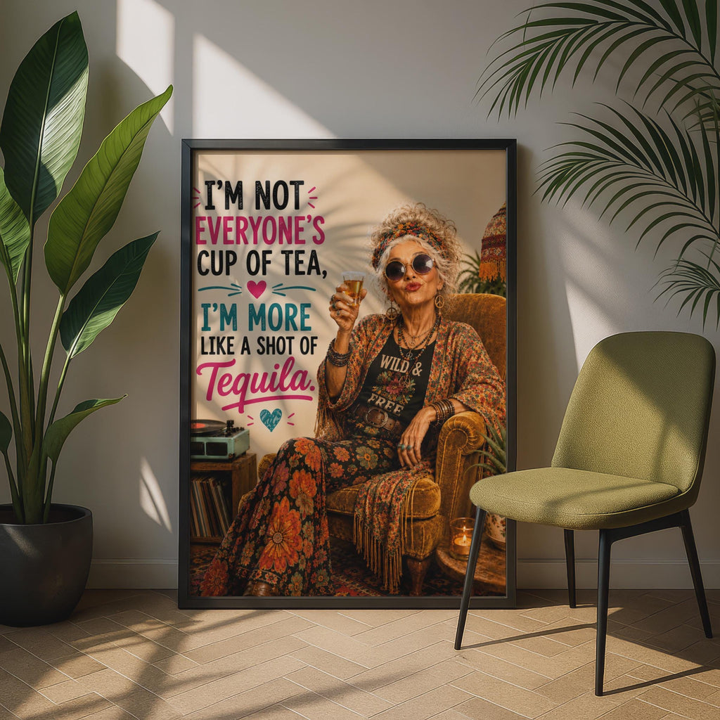 Tequila Shot Funny Quote Poster, Bohemian Wild Free Woman, Humour Wall Art Gift
