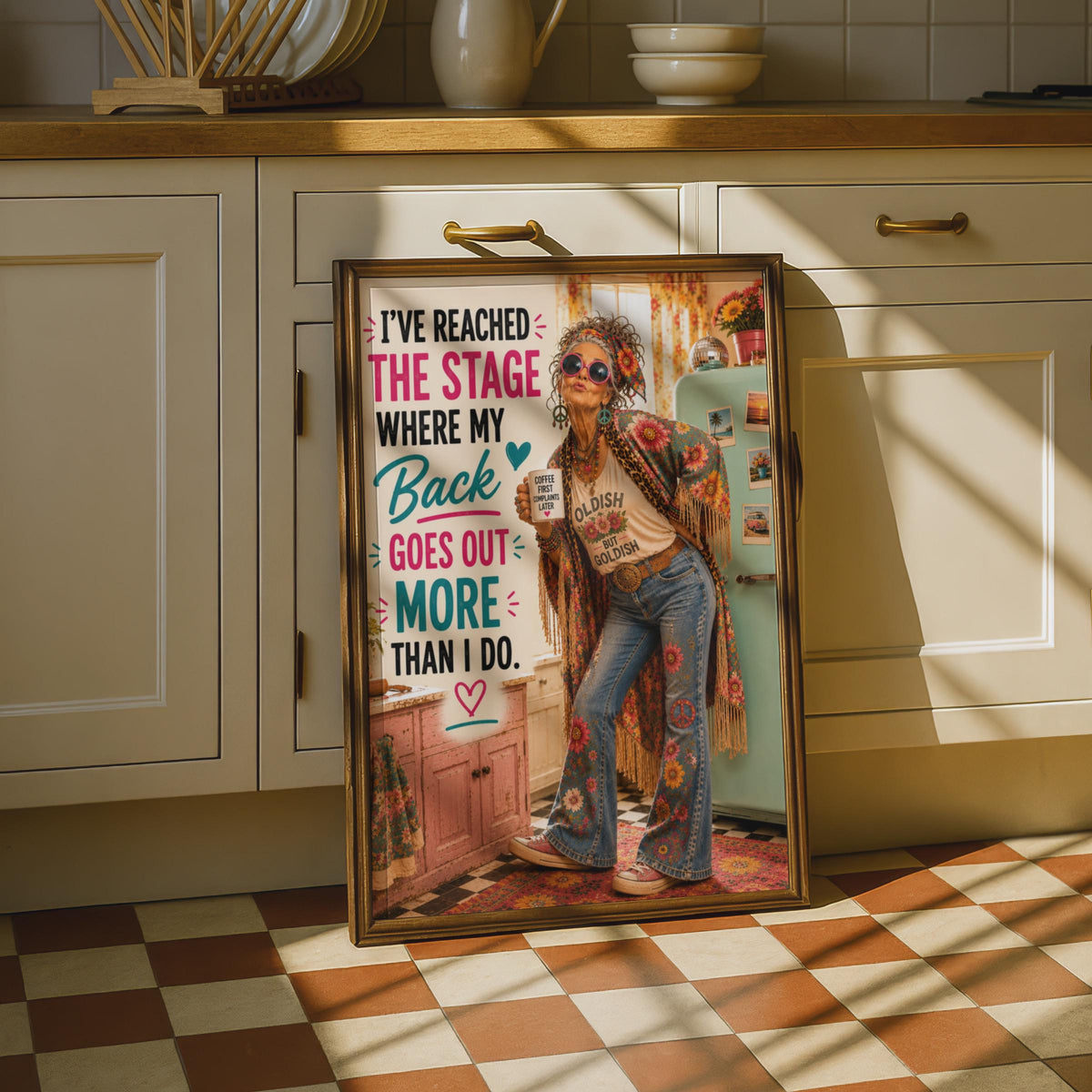 Funny Old Lady Back Goes Out Humour Poster, Sassy Grandma Boho Wall Art Gift
