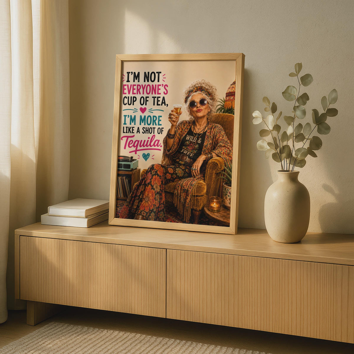 Tequila Shot Funny Quote Poster, Bohemian Wild Free Woman, Humour Wall Art Gift