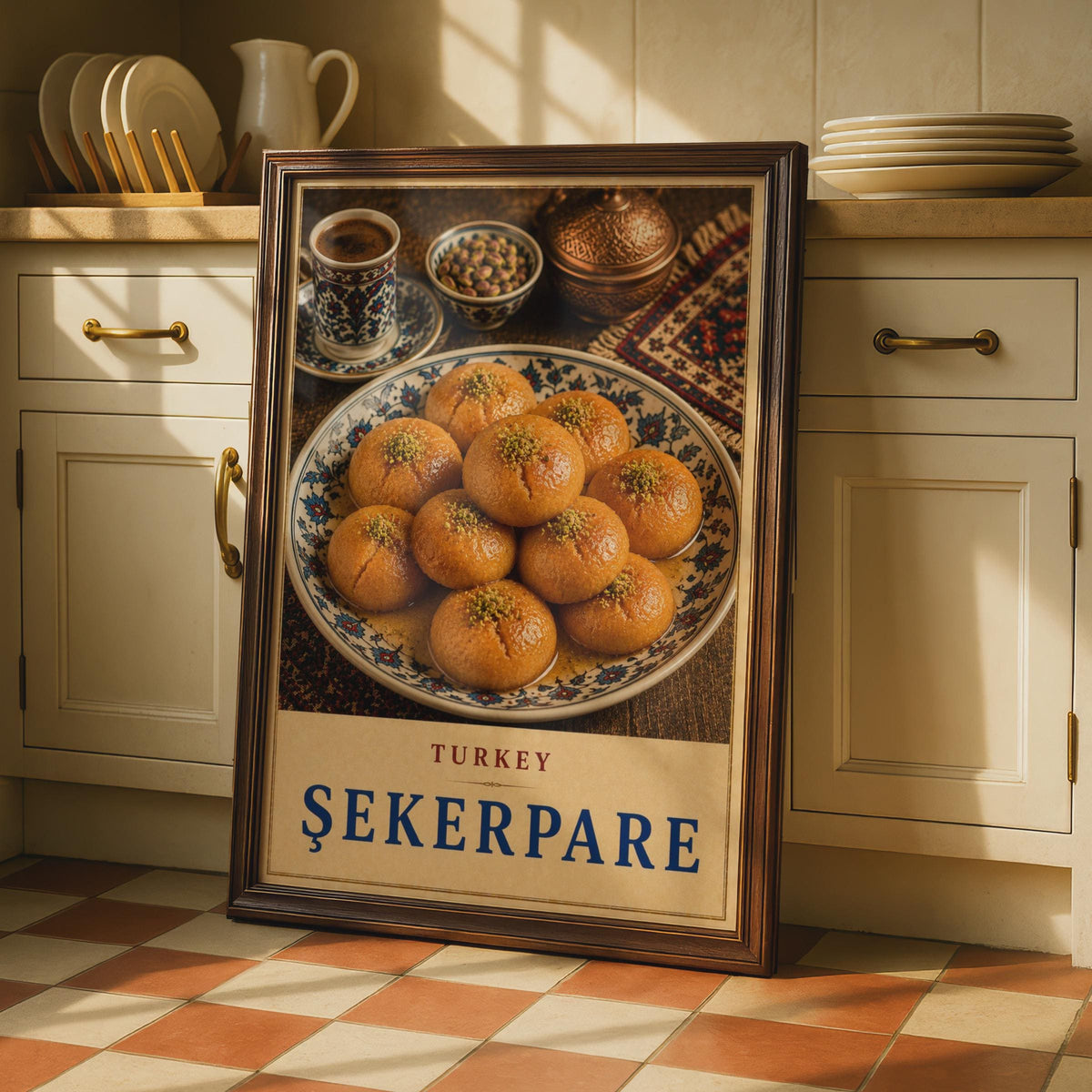 Sekerpare Turkish Dessert Poster, Pistachio Baklava, Ottoman Sweets Art (Print)