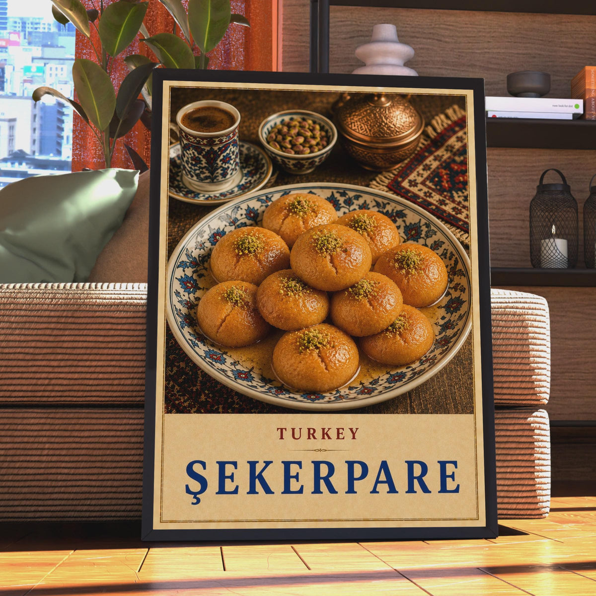Sekerpare Turkish Dessert Poster, Pistachio Baklava, Ottoman Sweets Art (Print)