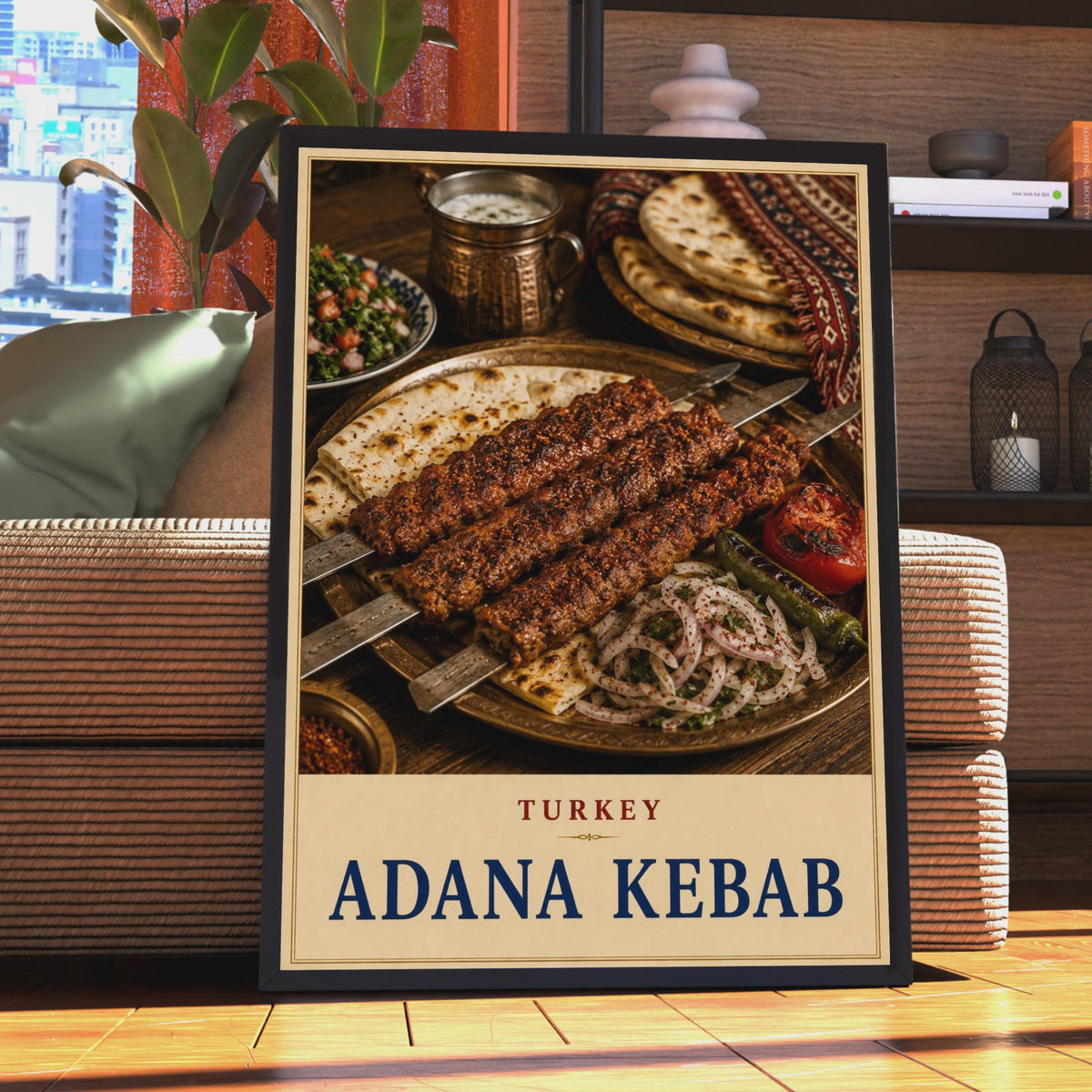 Adana Kebab Turkey Food Poster, Turkish Cuisine Wall Art, Warm Tones Dining Decor