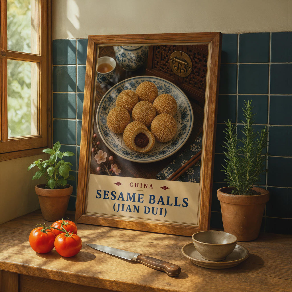Chinese Sesame Balls (Jian Dui) Poster, Asian Street Food Wall Art, Dim Sum Print
