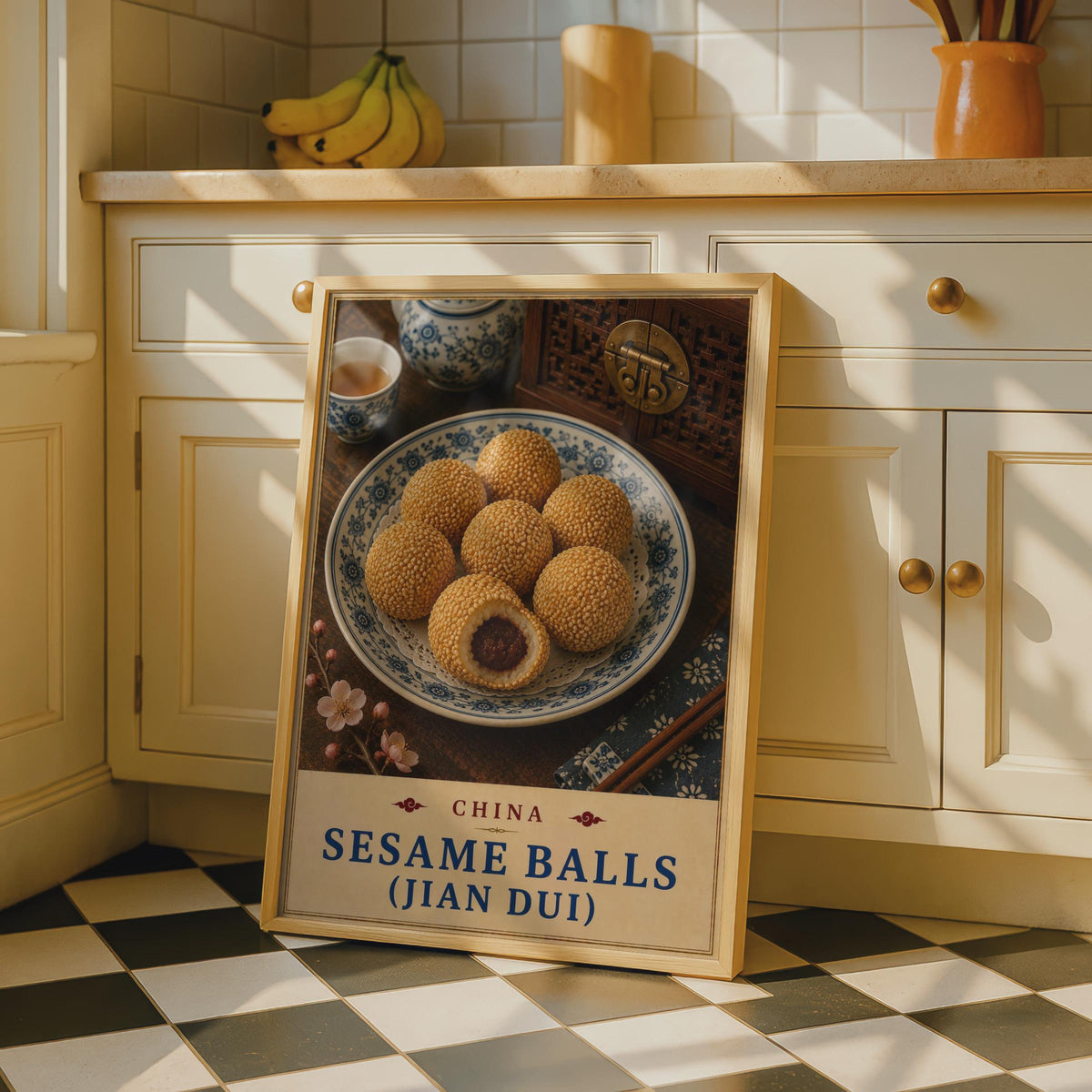 Chinese Sesame Balls (Jian Dui) Poster, Asian Street Food Wall Art, Dim Sum Print