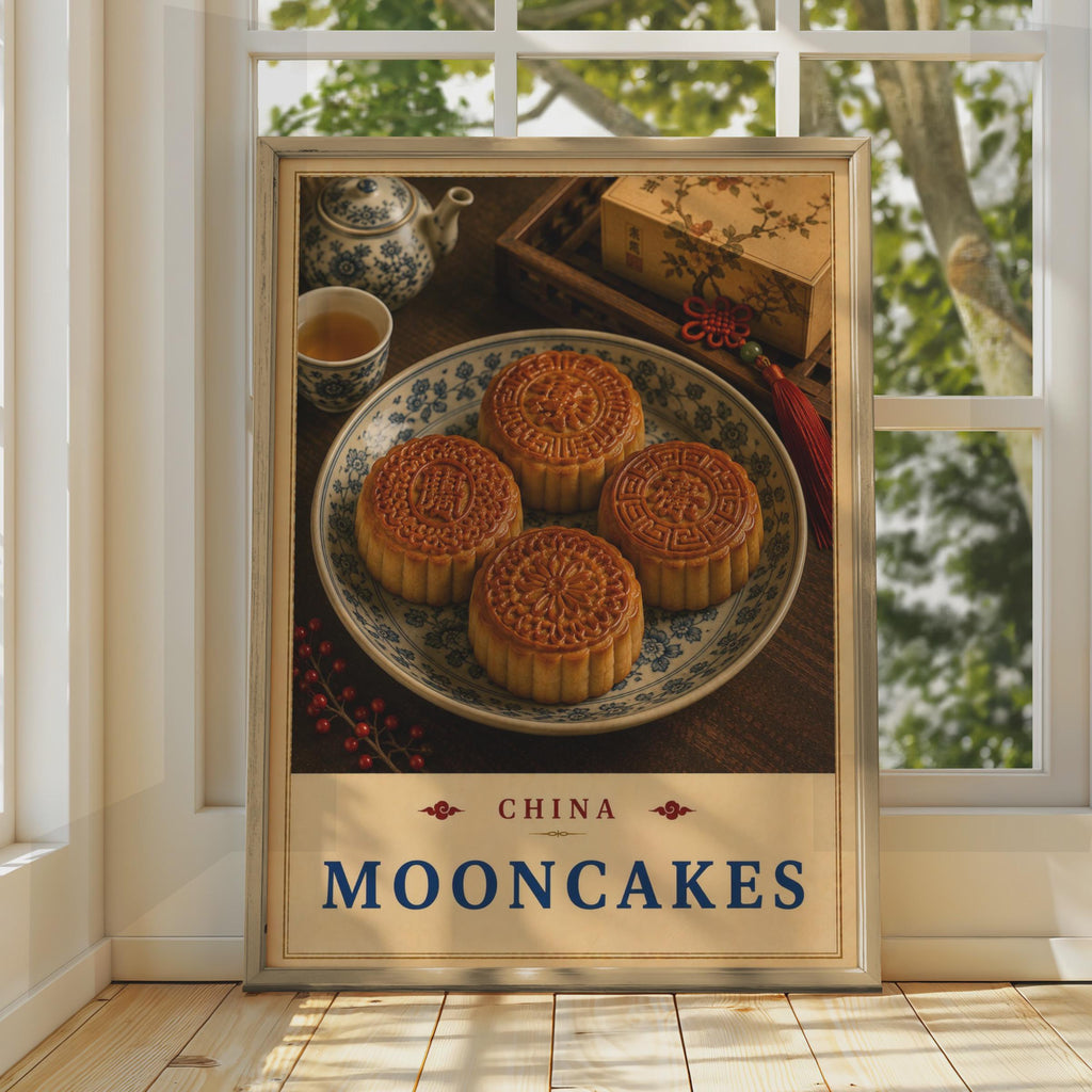 China Mooncakes Poster, Traditional Tea Culture, Mid-Autumn Festival Art (Print)