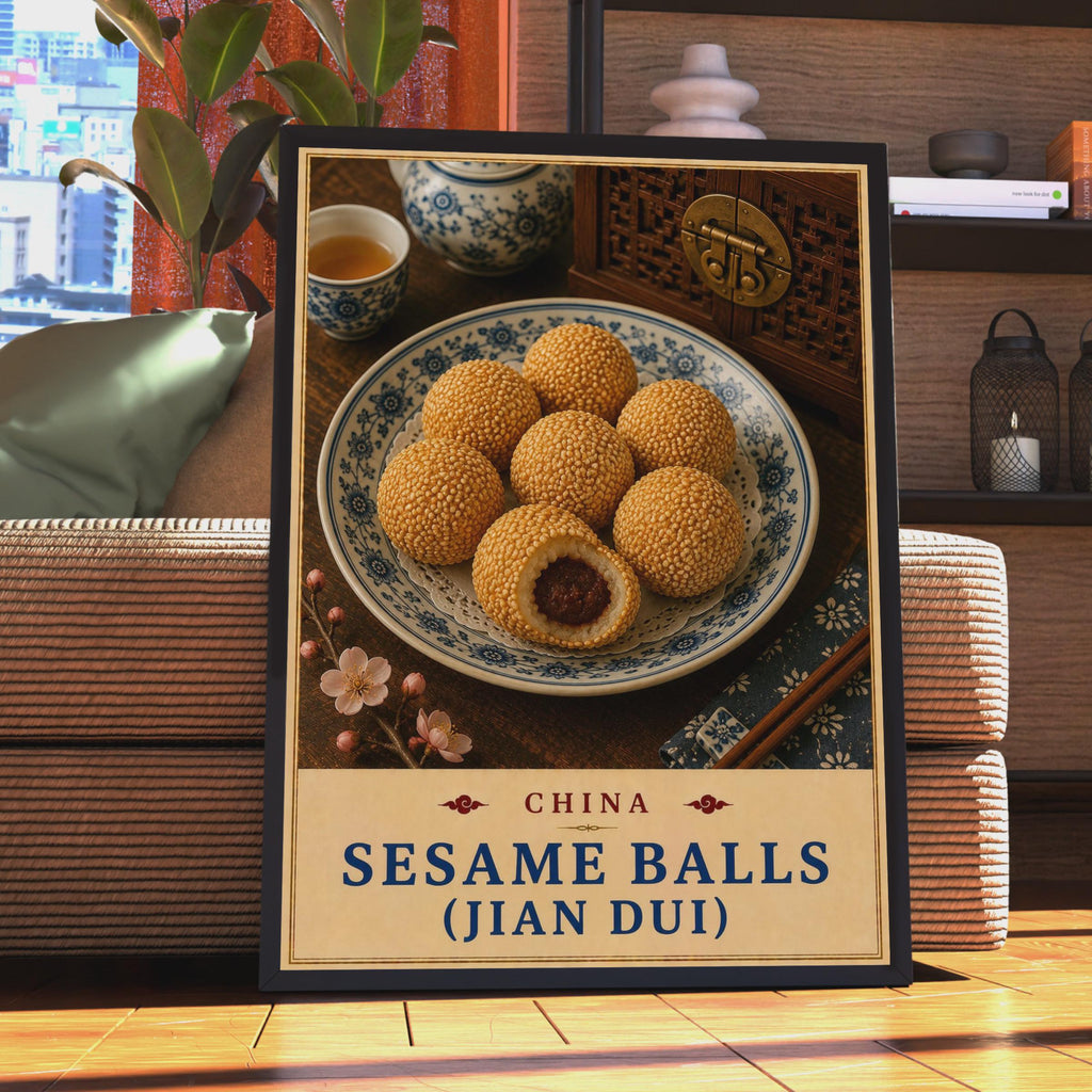 Chinese Sesame Balls (Jian Dui) Poster, Asian Street Food Wall Art, Dim Sum Print
