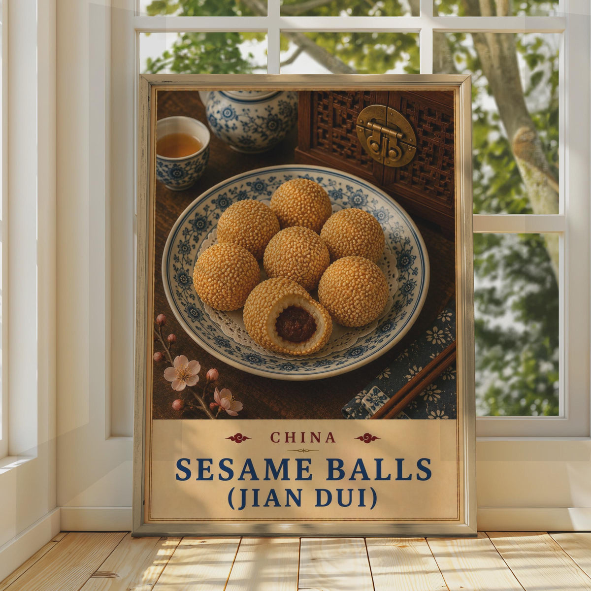 Chinese Sesame Balls (Jian Dui) Poster, Asian Street Food Wall Art, Dim Sum Print