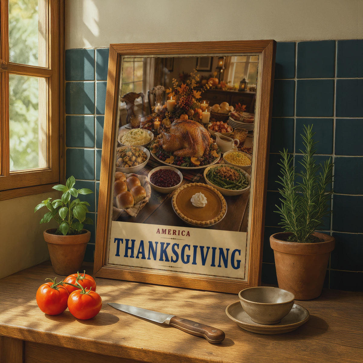 America Thanksgiving Poster, Traditional Feast Wall Art, Autumn Dining Room Decor