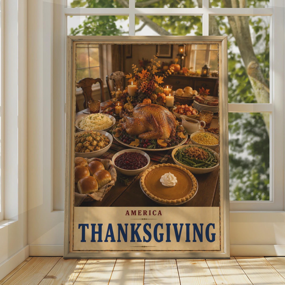 America Thanksgiving Poster, Traditional Feast Wall Art, Autumn Dining Room Decor