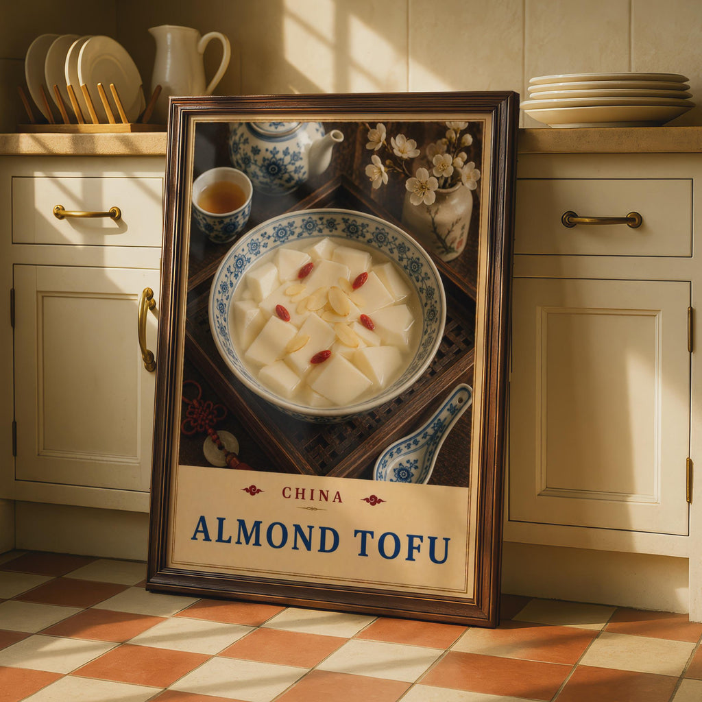 Chinese Almond Tofu Food Poster, Blue White Porcelain, Asian Dessert Wall Art (Print)