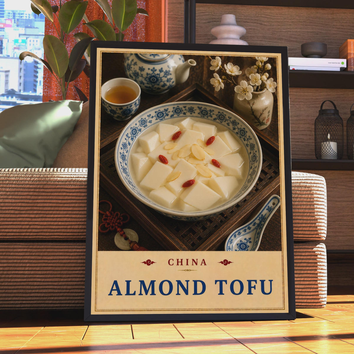 Chinese Almond Tofu Food Poster, Blue White Porcelain, Asian Dessert Wall Art (Print)