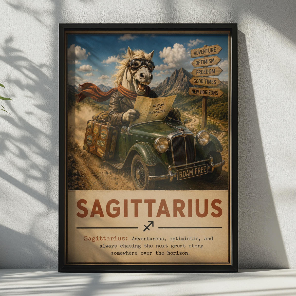 Sagittarius Zodiac Poster, Grinning Horse Travel Art, Retro Adventure Print (Wall Decor)