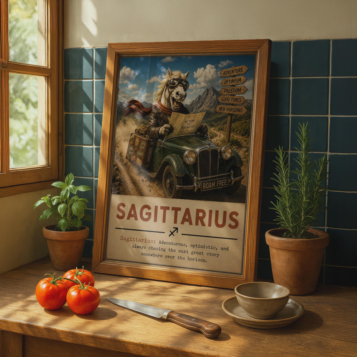 Sagittarius Zodiac Poster, Grinning Horse Travel Art, Retro Adventure Print (Wall Decor)