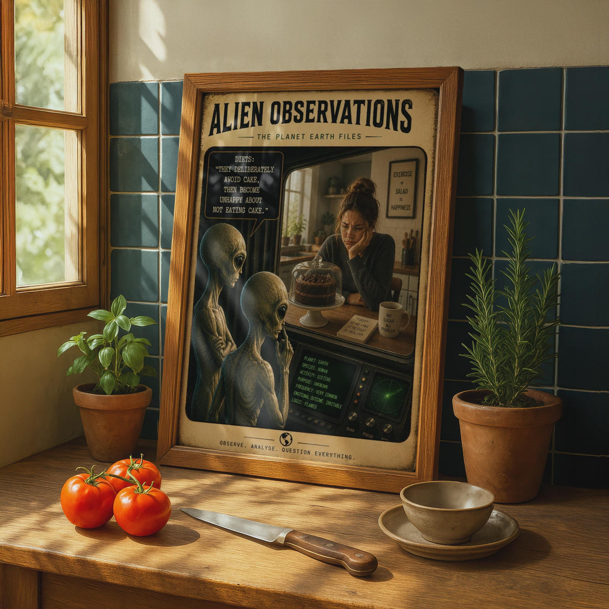 Alien Observations Diet Cake Poster, Sci-Fi Comedy Wall Art (Print)