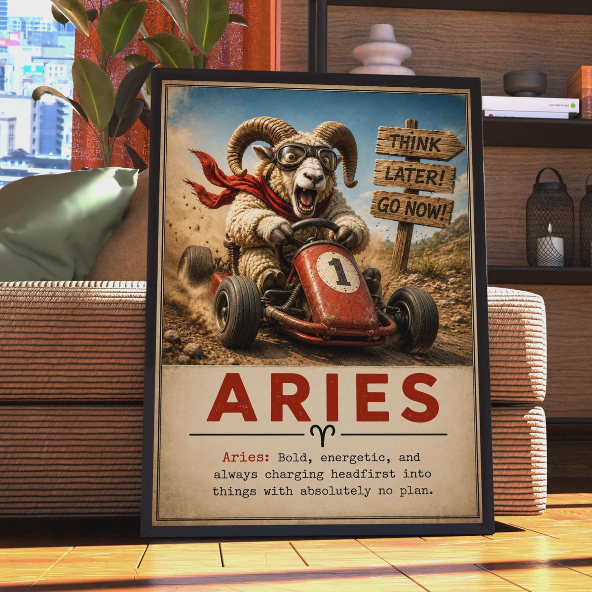 Aries Ram Go-Kart Poster, Funny Zodiac Wall Art, Vintage Style Print