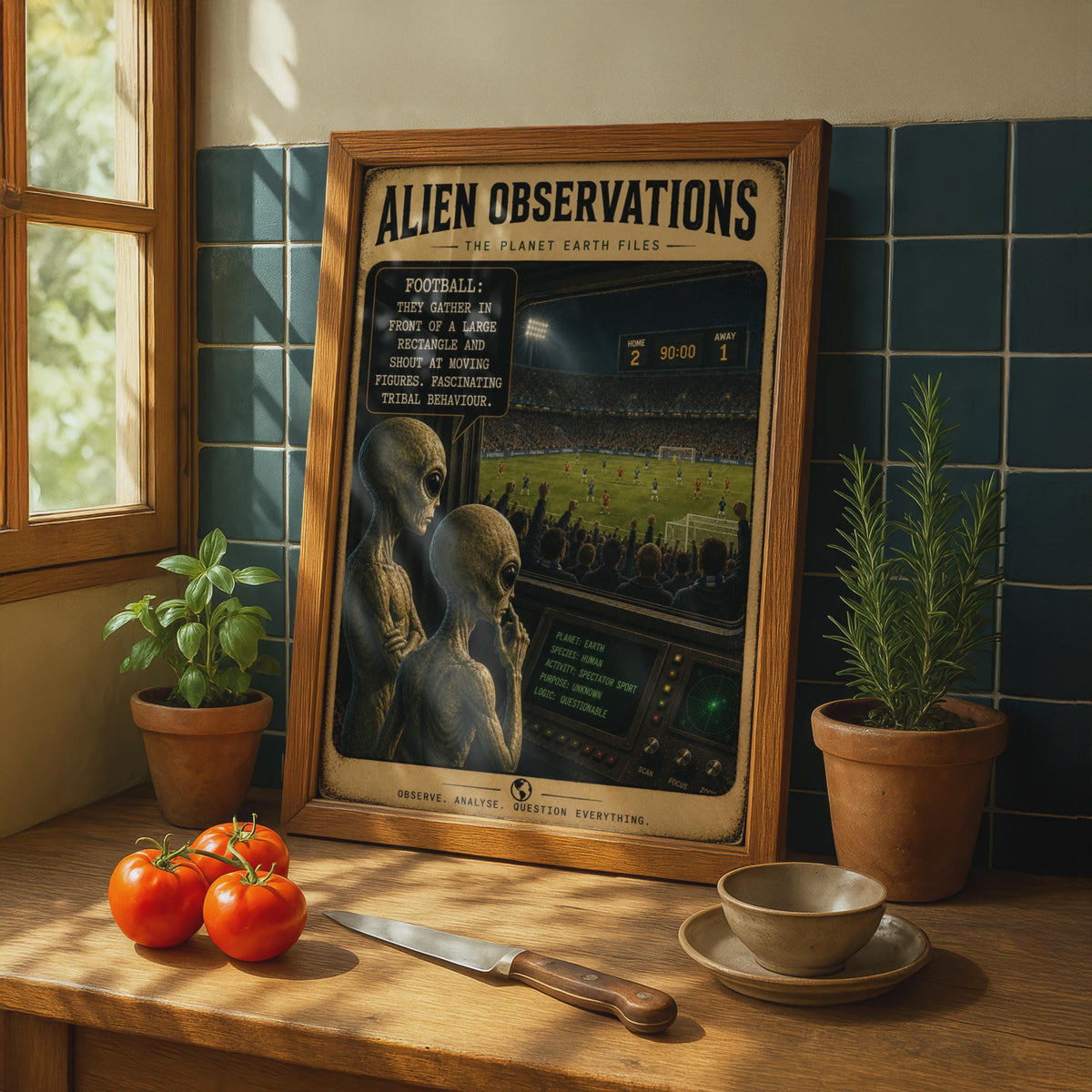 Alien Observations Football Poster, Sci-Fi Sports Wall Art, Man Cave Decor