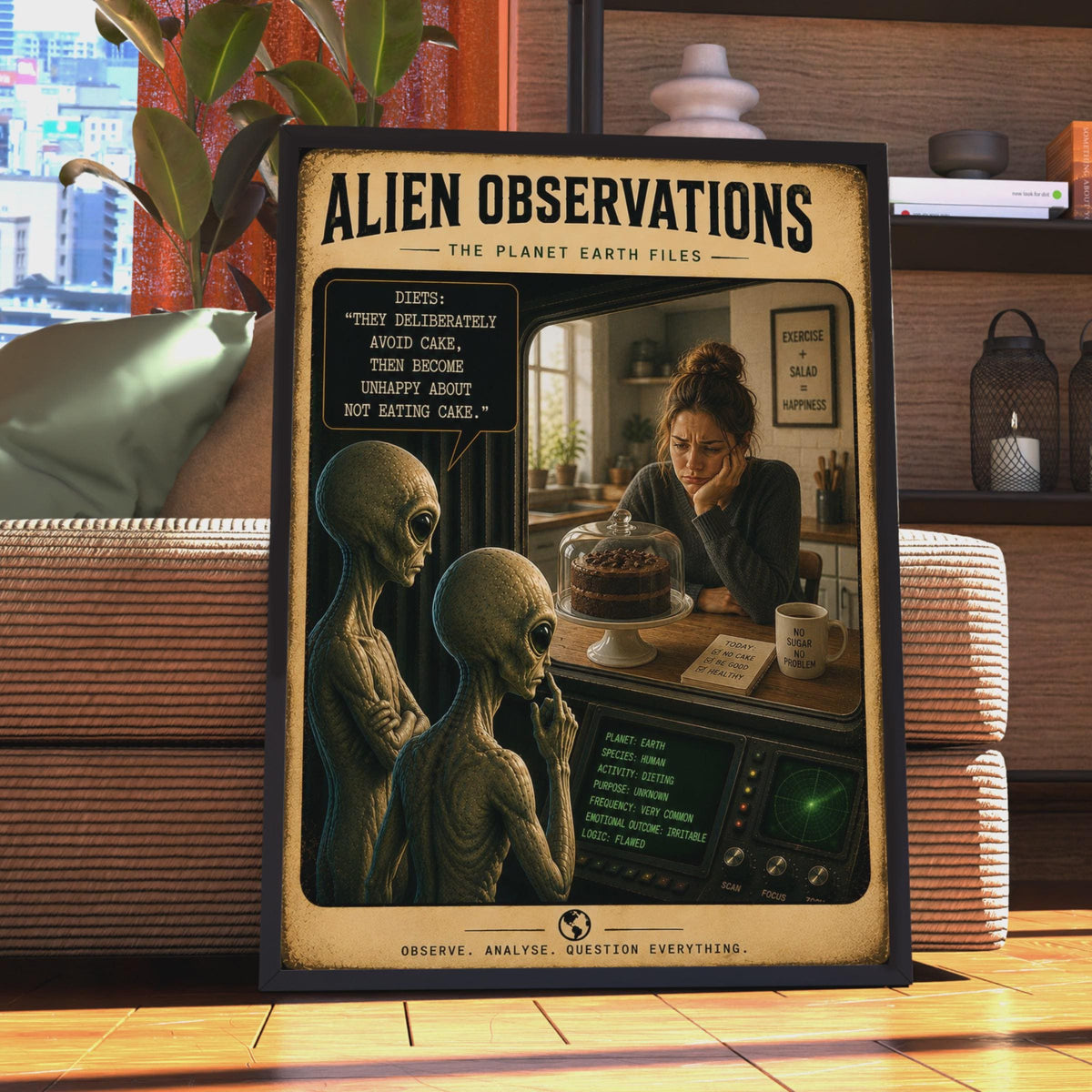 Alien Observations Diet Cake Poster, Sci-Fi Comedy Wall Art (Print)