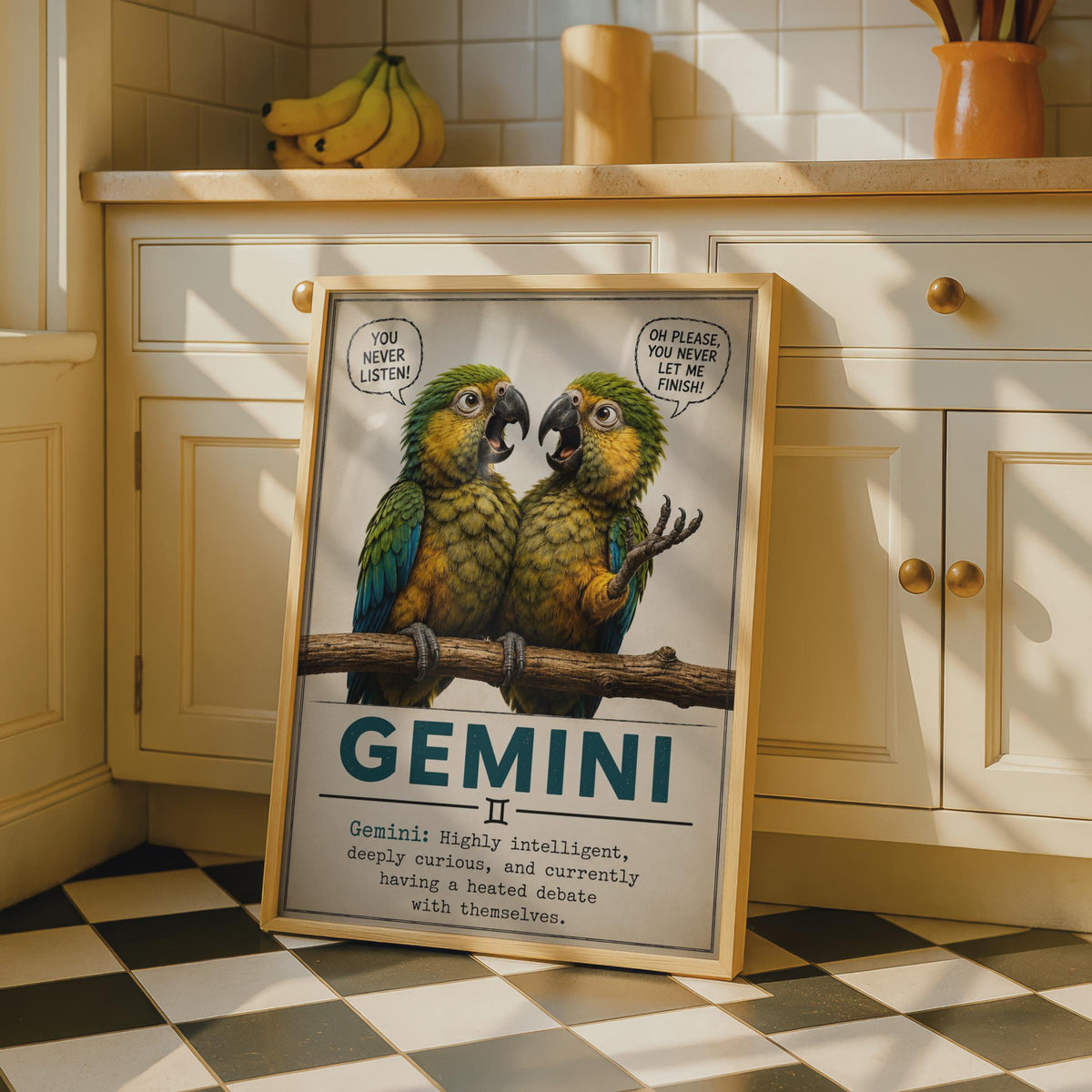 Funny Gemini Zodiac Poster, Bickering Parrots, Teal Vintage Wall Art (Print)