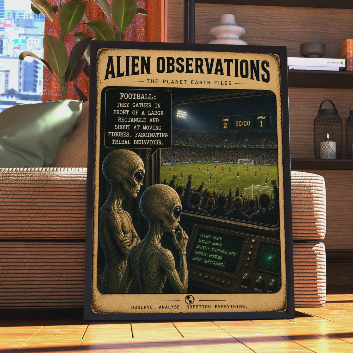 Alien Observations Football Poster, Sci-Fi Sports Wall Art, Man Cave Decor