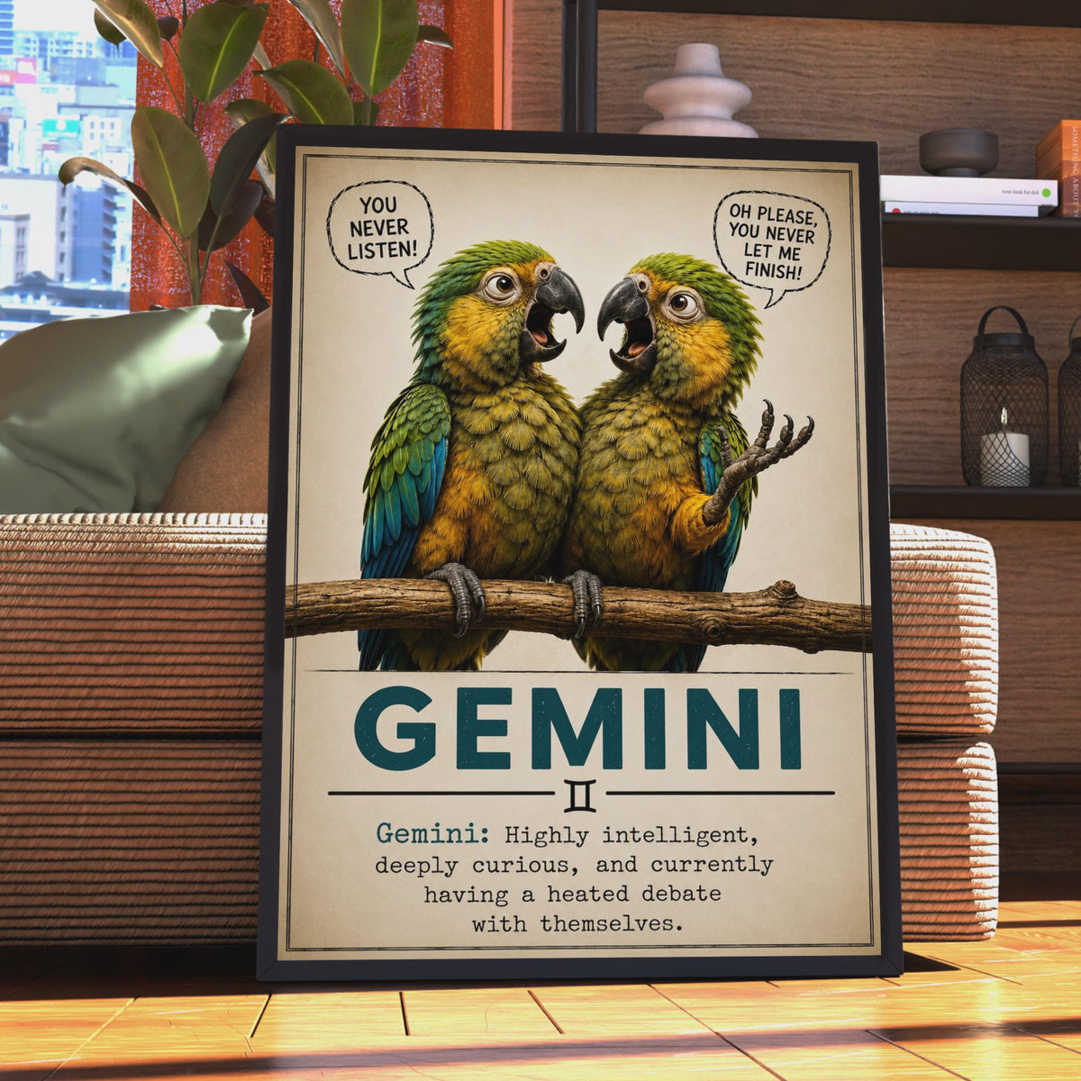 Funny Gemini Zodiac Poster, Bickering Parrots, Teal Vintage Wall Art (Print)