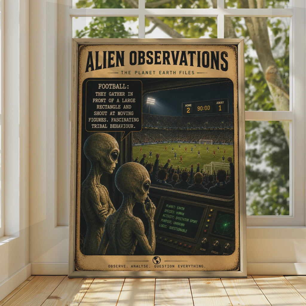 Alien Observations Football Poster, Sci-Fi Sports Wall Art, Man Cave Decor