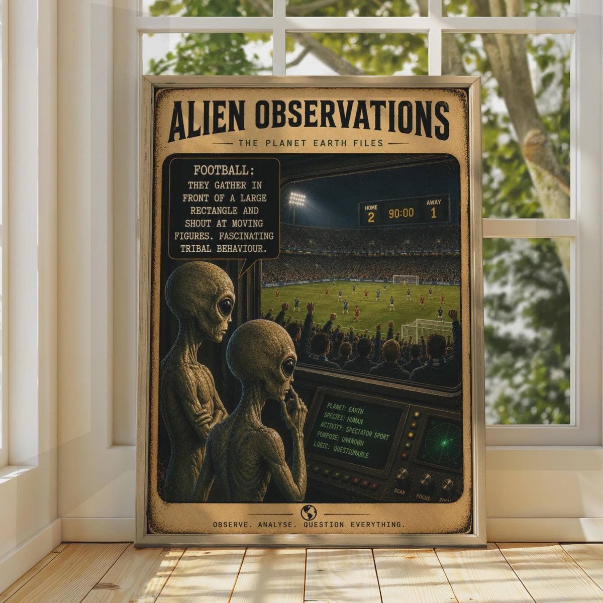 Alien Observations Football Poster, Sci-Fi Sports Wall Art, Man Cave Decor