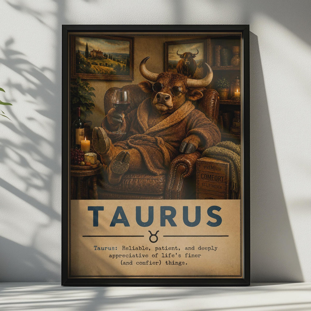 Taurus Zodiac Poster, Funny Bull in Armchair, Astrology Wall Art (Print)