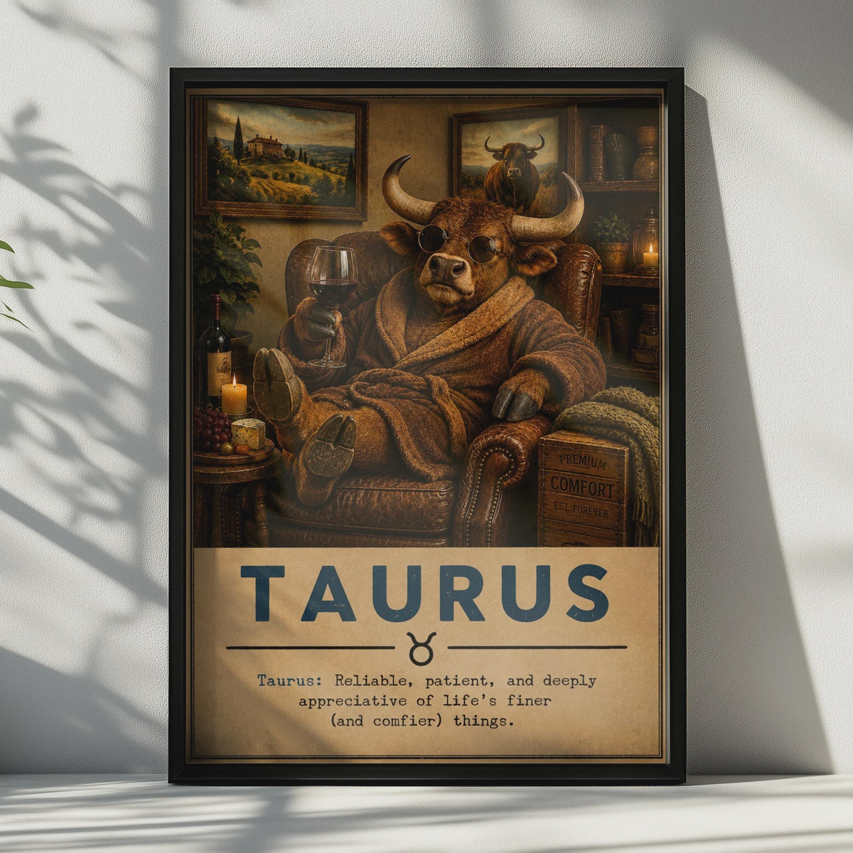 Taurus Zodiac Poster, Funny Bull in Armchair, Astrology Wall Art (Print)