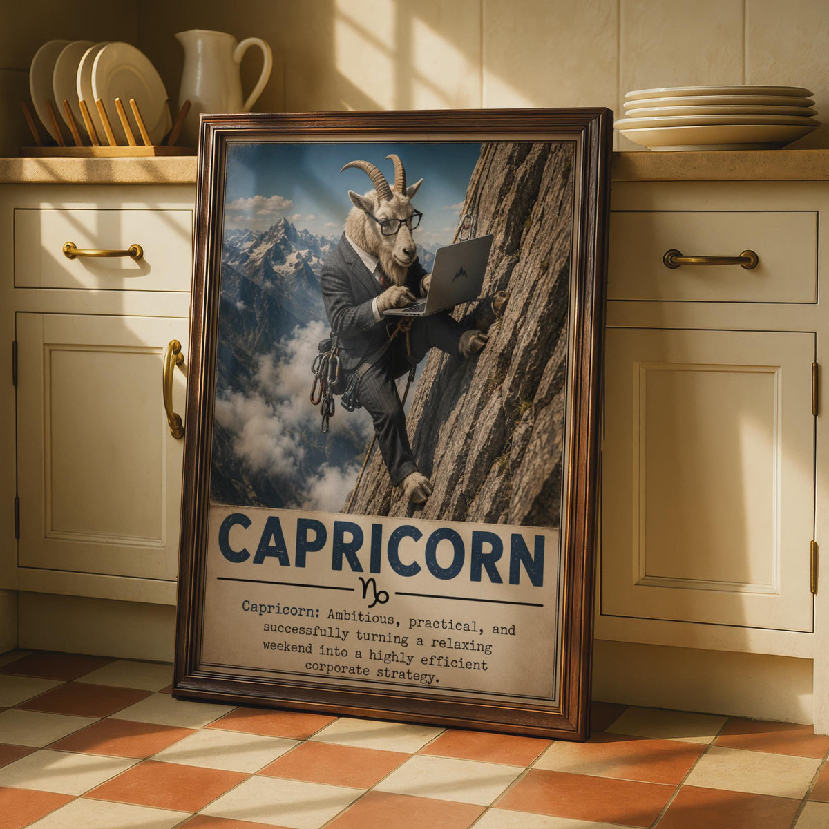 Capricorn Zodiac Poster, Funny Goat in Suit Climbing Mountain, Office Home Decor Print