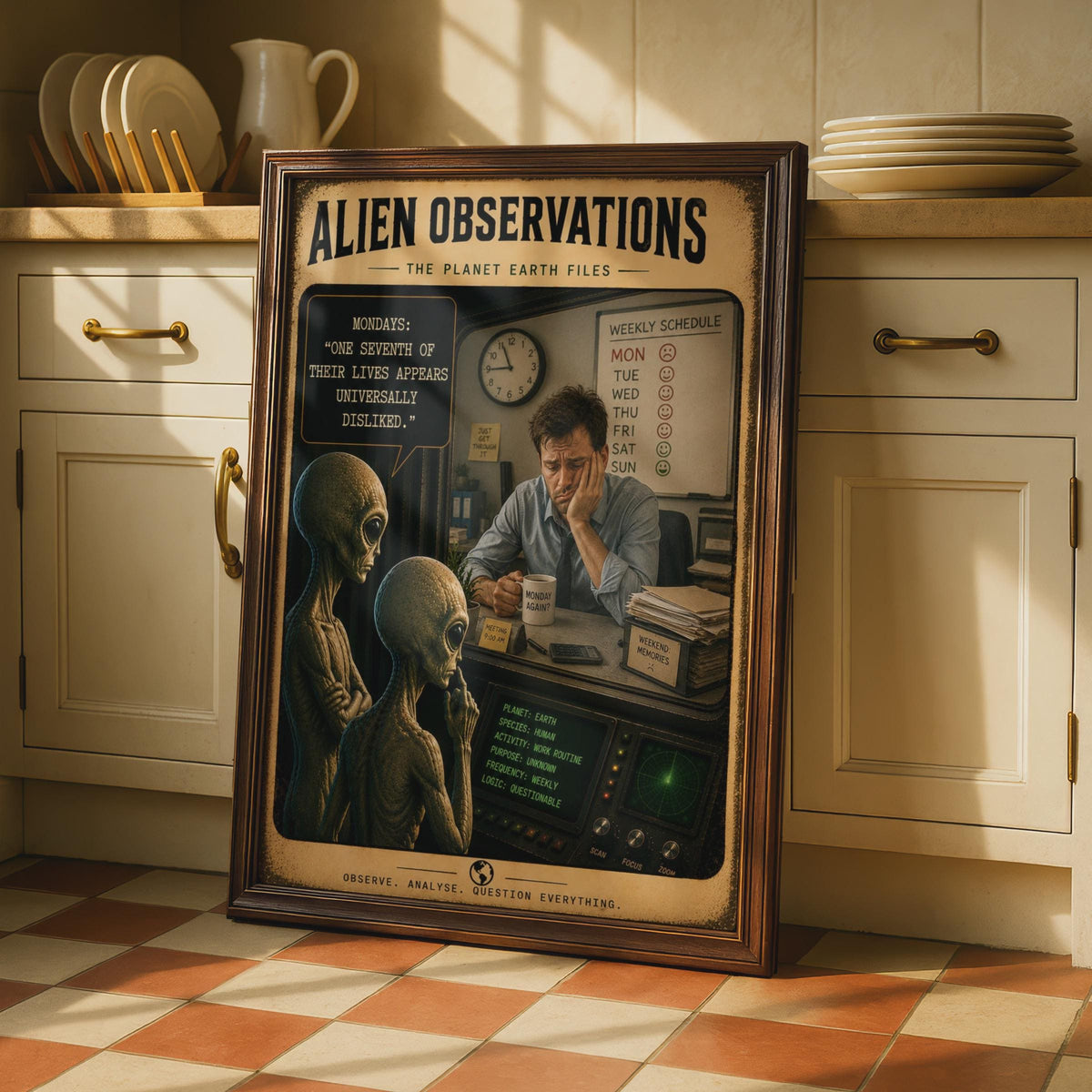 Alien Observations Monday Humor Poster, Retro Sci-Fi Office Wall Art (Print)