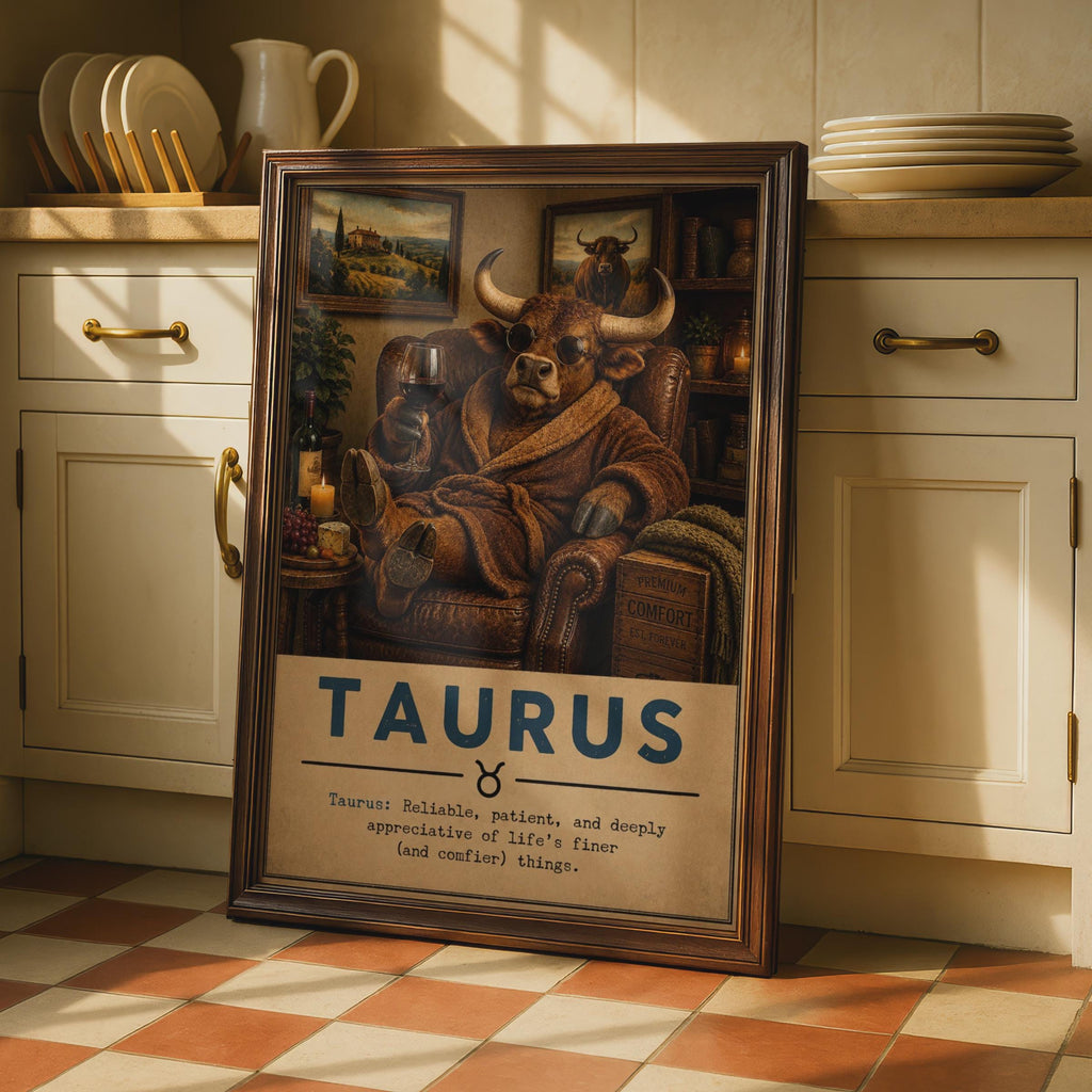 Taurus Zodiac Poster, Funny Bull in Armchair, Astrology Wall Art (Print)