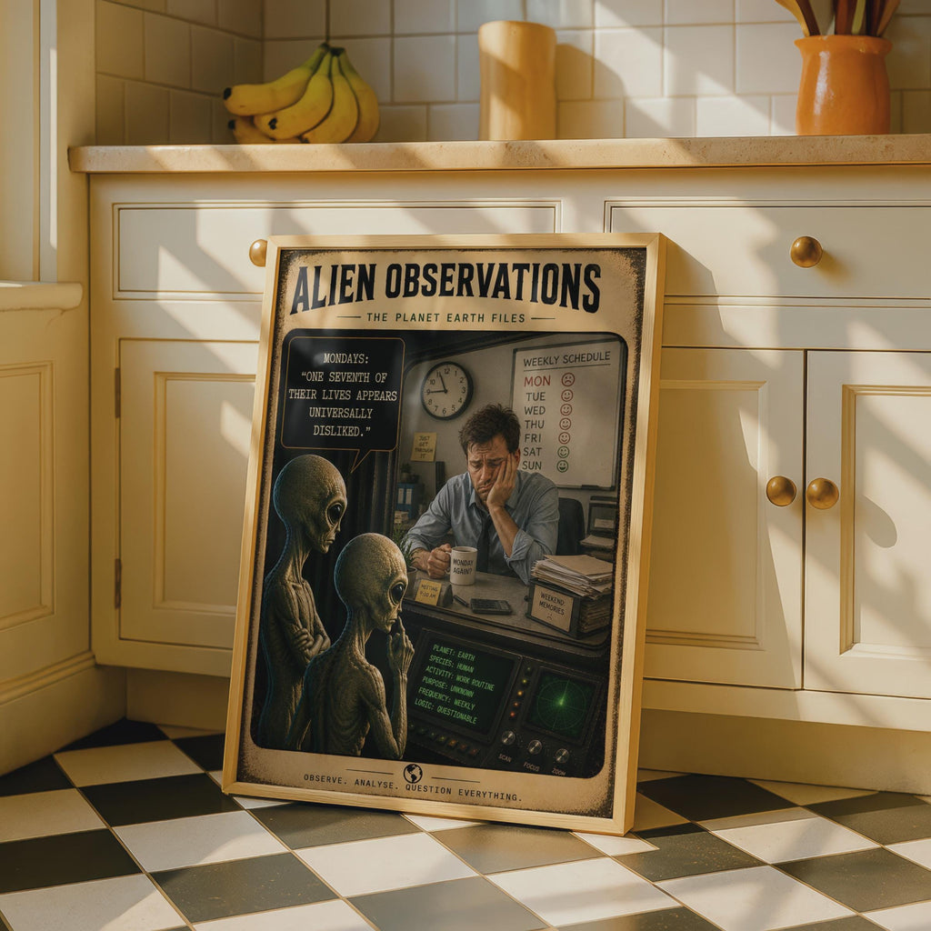 Alien Observations Monday Humor Poster, Retro Sci-Fi Office Wall Art (Print)