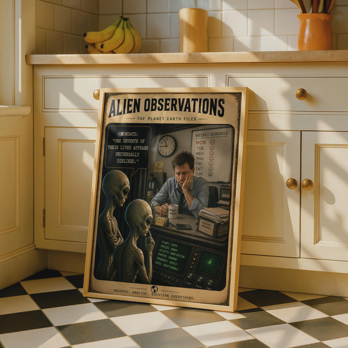 Alien Observations Monday Humor Poster, Retro Sci-Fi Office Wall Art (Print)