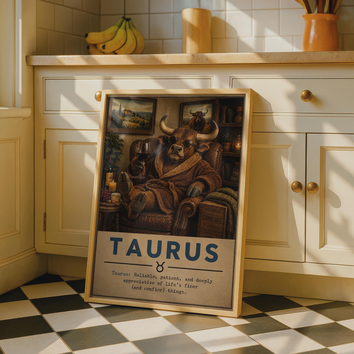 Taurus Zodiac Poster, Funny Bull in Armchair, Astrology Wall Art (Print)