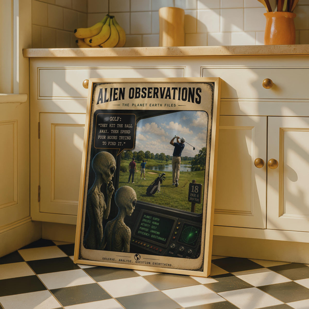 Alien Observations Golf Poster, Retro Sci-Fi Humor Wall Art (Print)