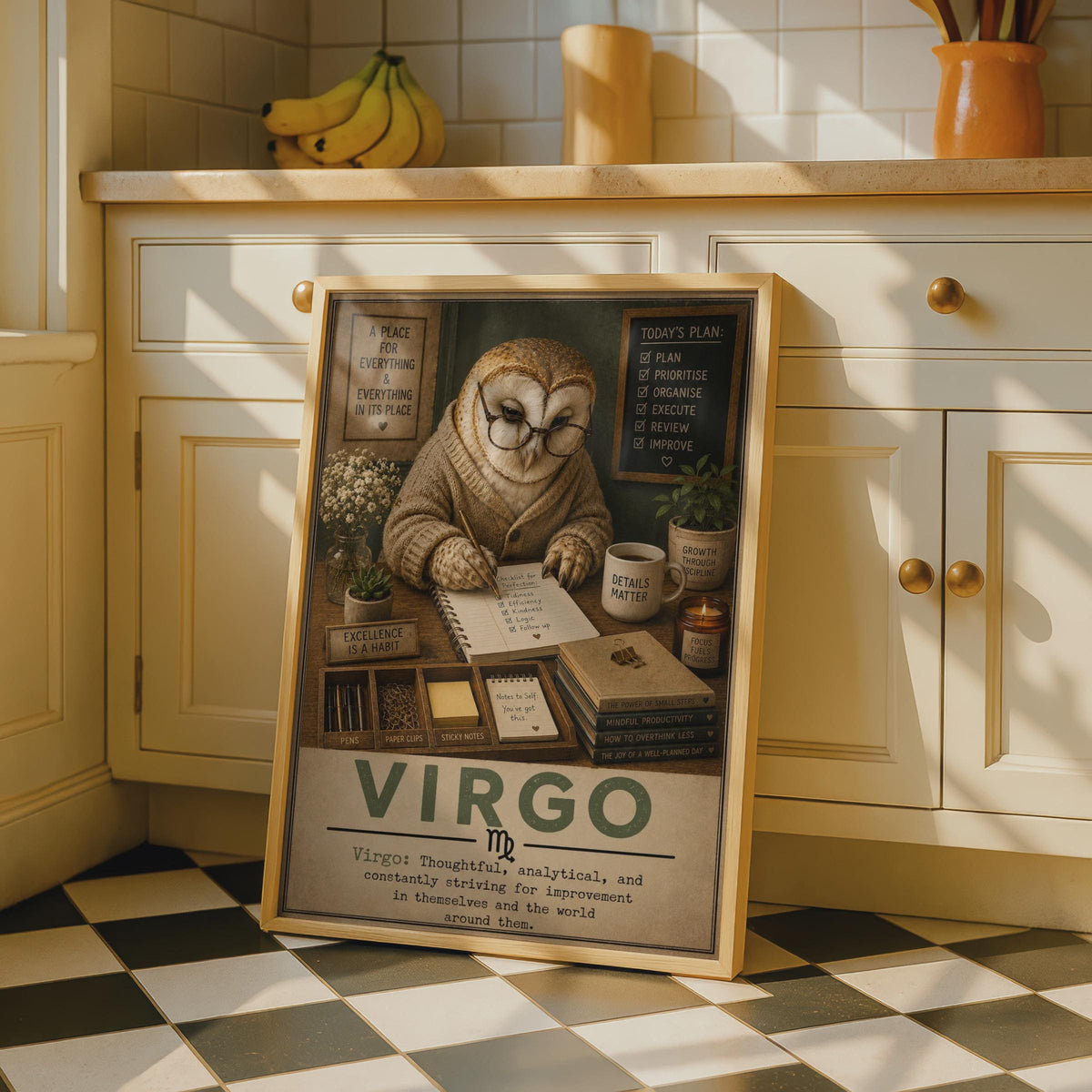 Virgo Zodiac Owl Poster, Vintage Style Desk Decor, Organized Personality Art Print