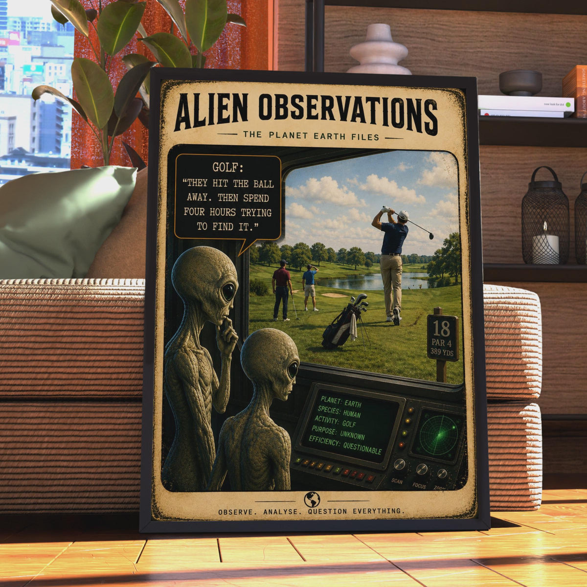 Alien Observations Golf Poster, Retro Sci-Fi Humor Wall Art (Print)