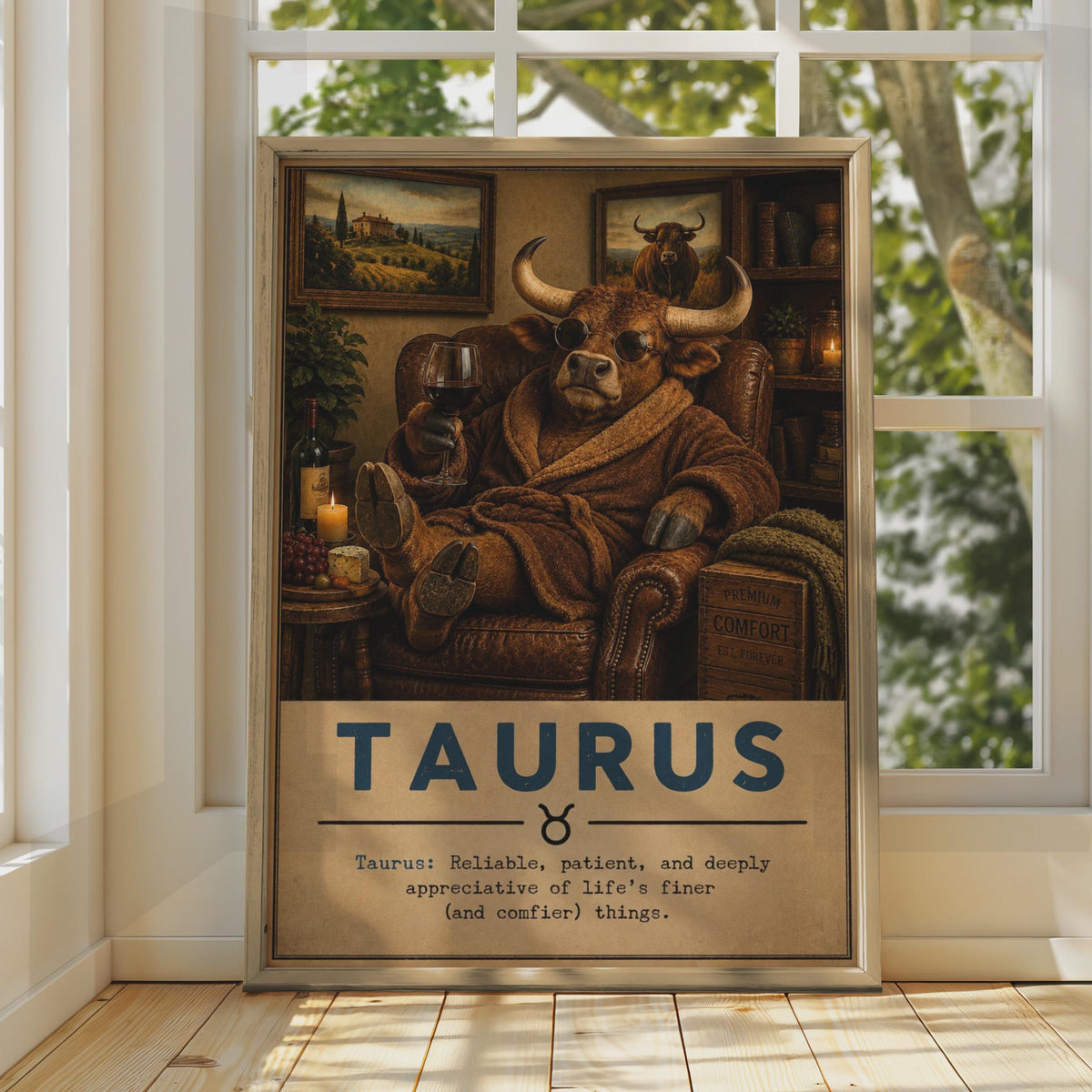 Taurus Zodiac Poster, Funny Bull in Armchair, Astrology Wall Art (Print)
