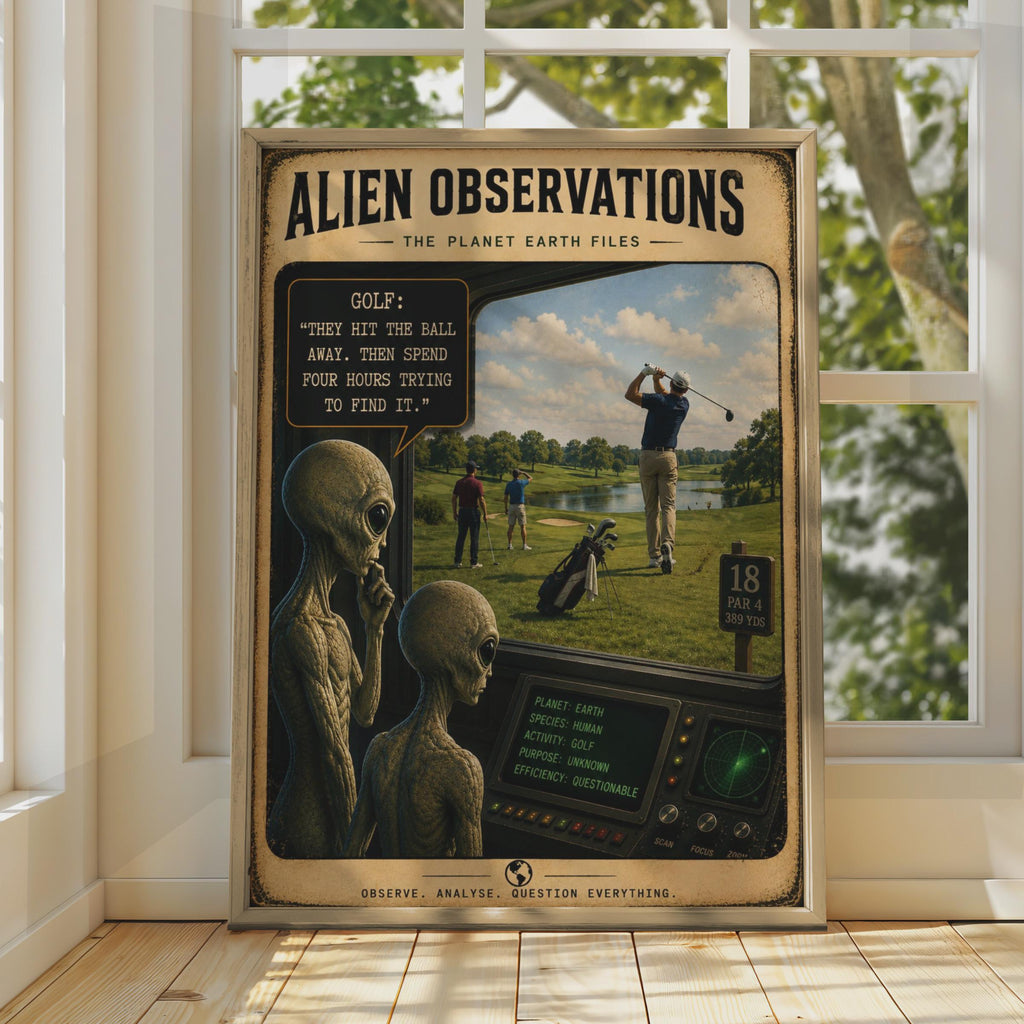 Alien Observations Golf Poster, Retro Sci-Fi Humor Wall Art (Print)