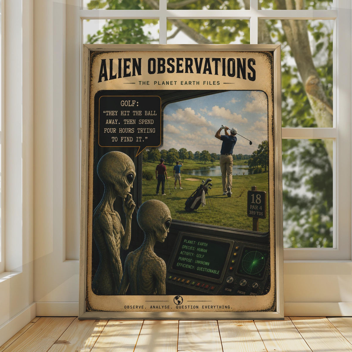 Alien Observations Golf Poster, Retro Sci-Fi Humor Wall Art (Print)