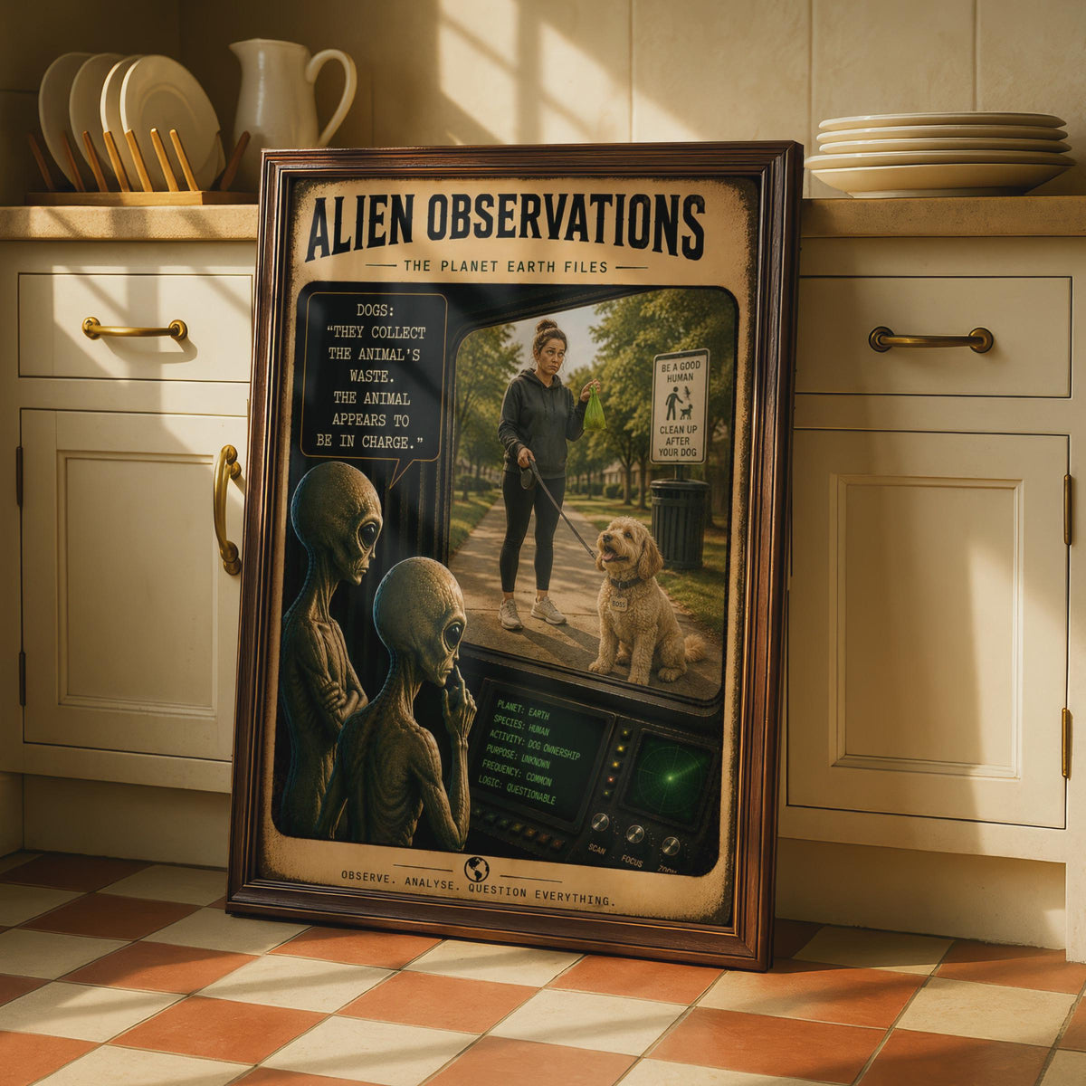 Alien Observations Dog Walking Poster, Sci-Fi Comedy Wall Art (Print)