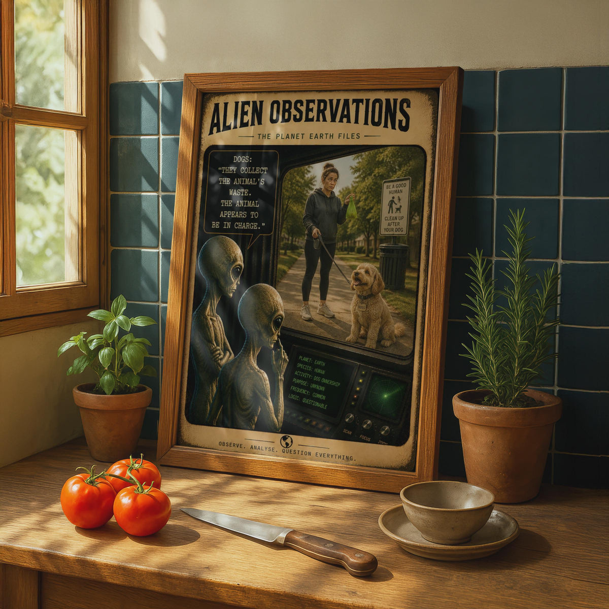 Alien Observations Dog Walking Poster, Sci-Fi Comedy Wall Art (Print)