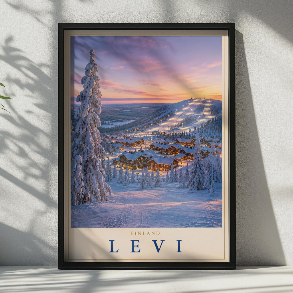 Levi Finland Ski Resort Sunset Poster, Lapland Snow Scene, Nordic Travel Art Print