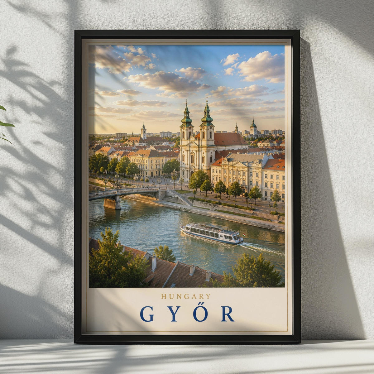 Gyor Hungary Travel Poster, Baroque Church, River Cityscape Art Print