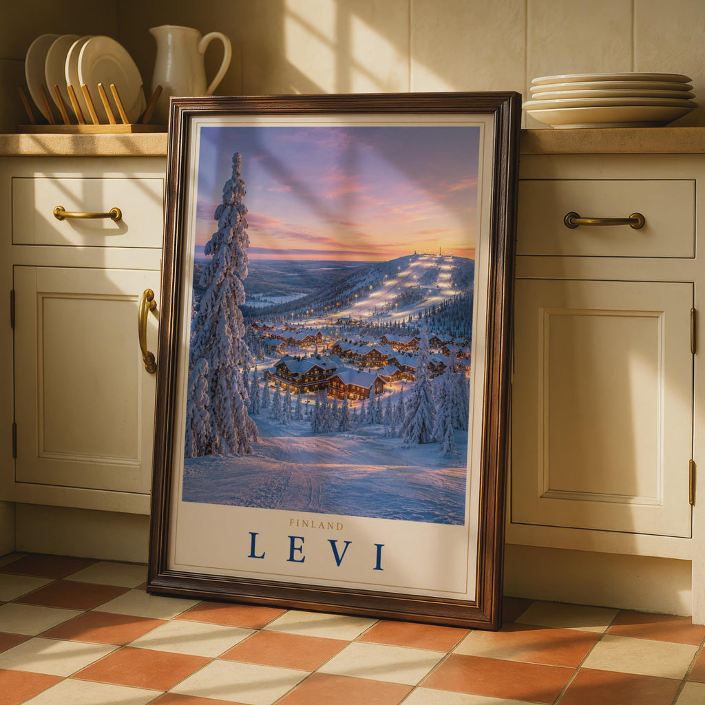 Levi Finland Ski Resort Sunset Poster, Lapland Snow Scene, Nordic Travel Art Print