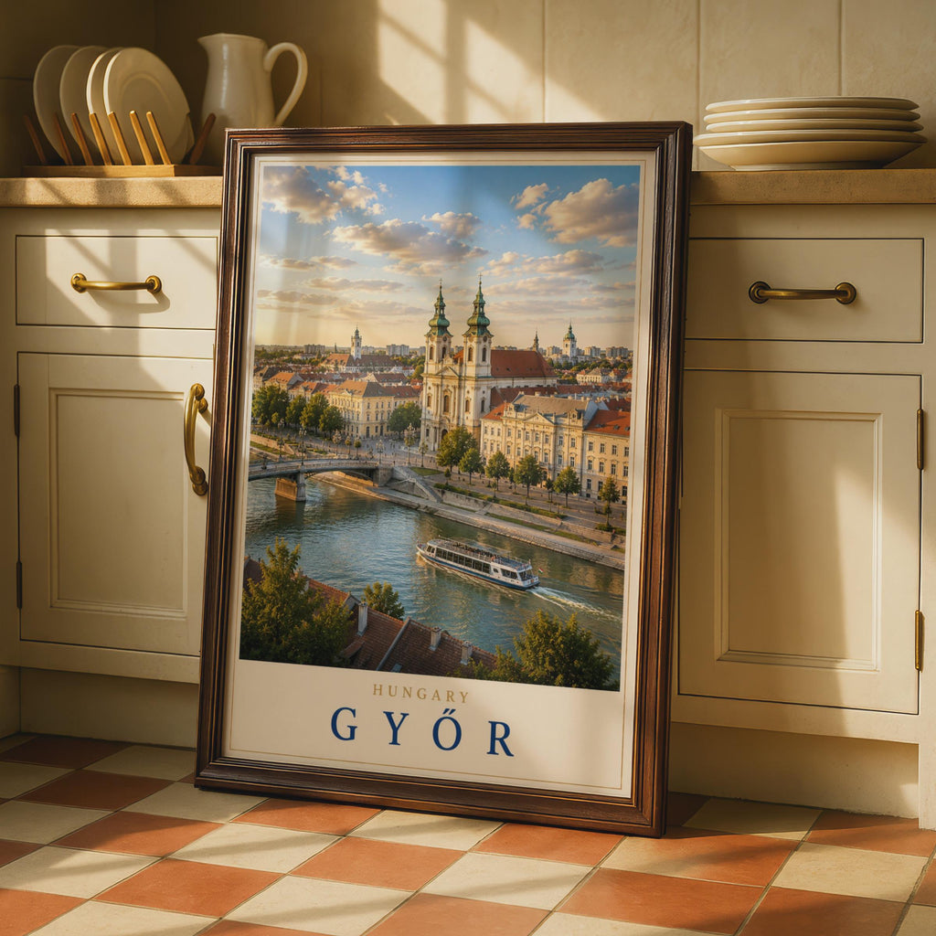 Gyor Hungary Travel Poster, Baroque Church, River Cityscape Art Print