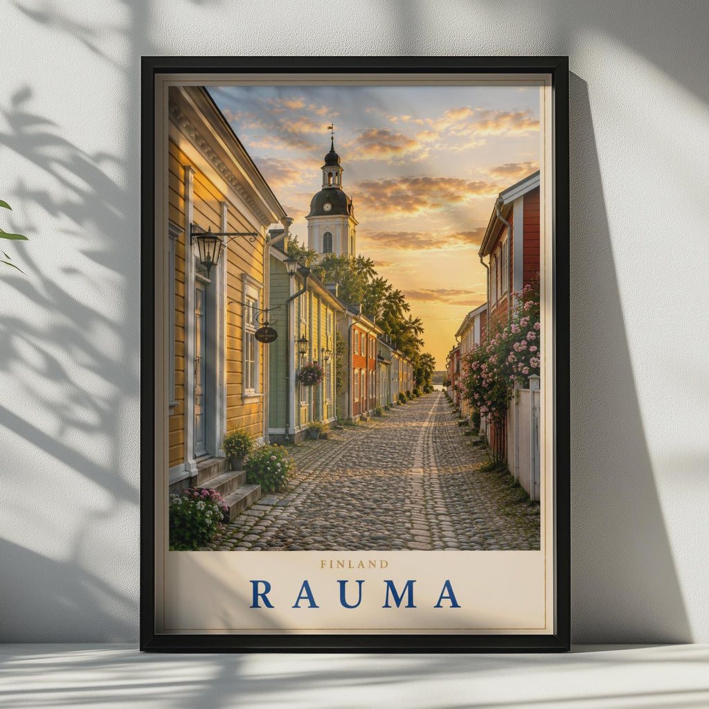 Rauma Finland Travel Poster, Old Town Cobblestone Street, Scandinavian Wall Art (Print)