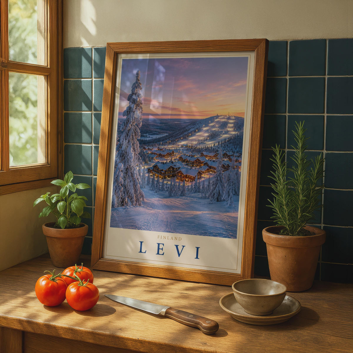 Levi Finland Ski Resort Sunset Poster, Lapland Snow Scene, Nordic Travel Art Print