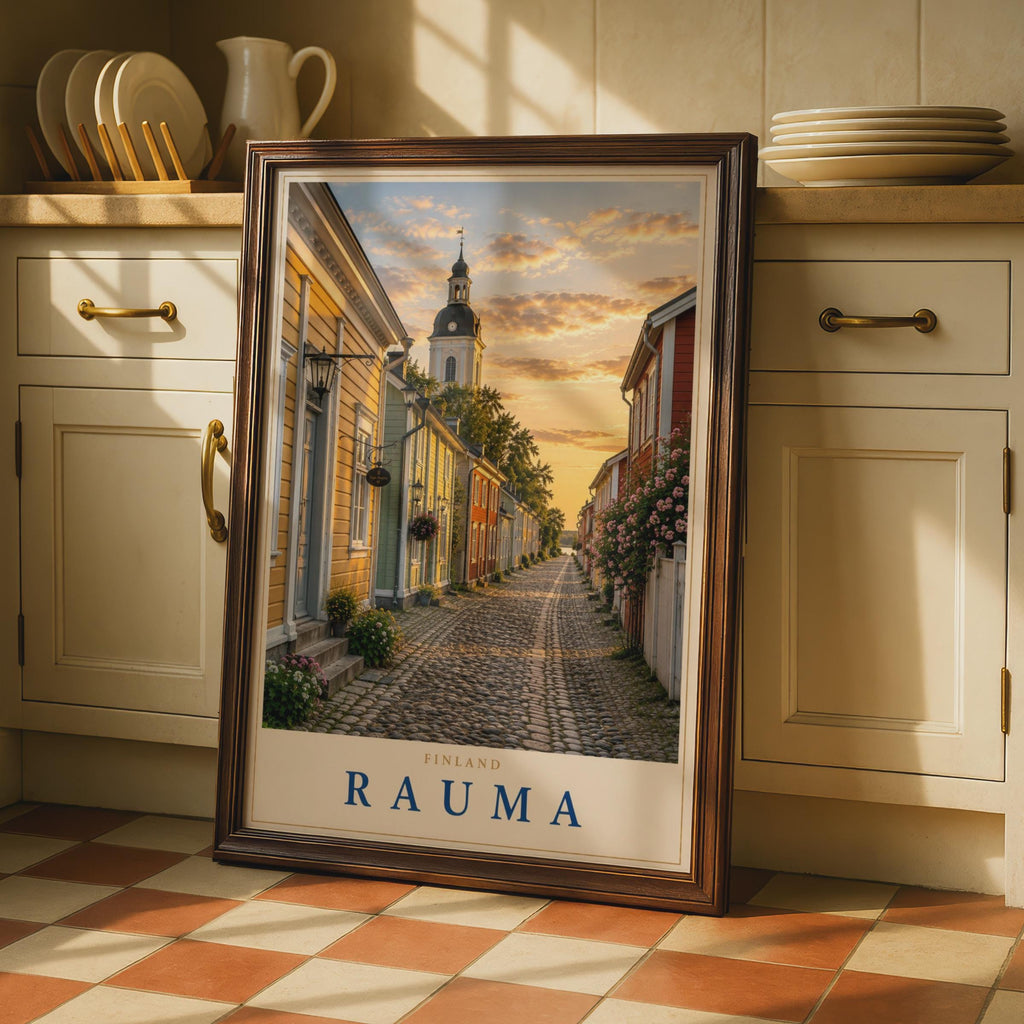 Rauma Finland Travel Poster, Old Town Cobblestone Street, Scandinavian Wall Art (Print)