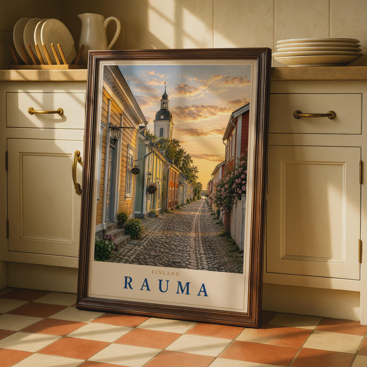 Rauma Finland Travel Poster, Old Town Cobblestone Street, Scandinavian Wall Art (Print)
